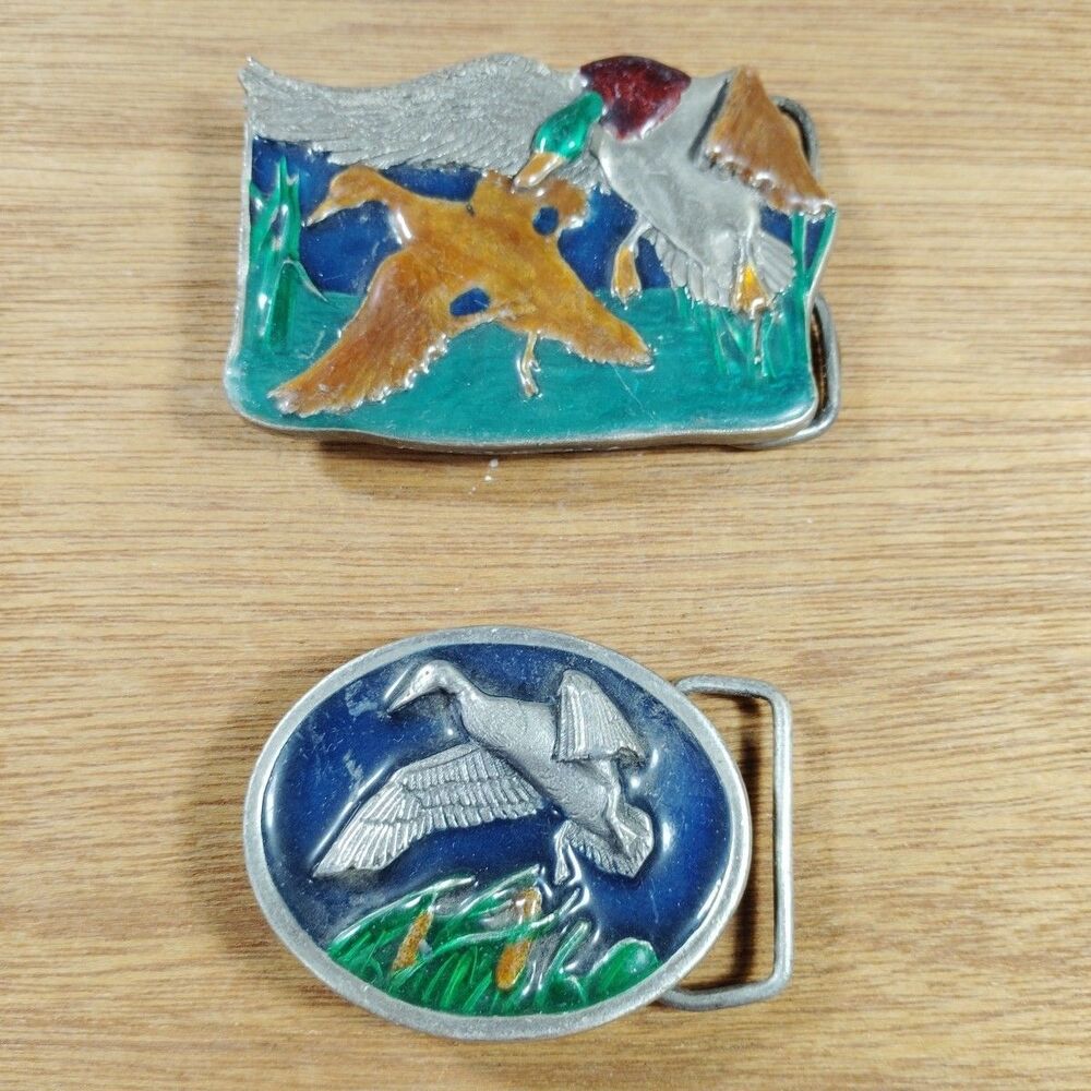Two Belt Buckle Bergamot Brass Works Enamel Ducks Geese Flying Vintage Lot